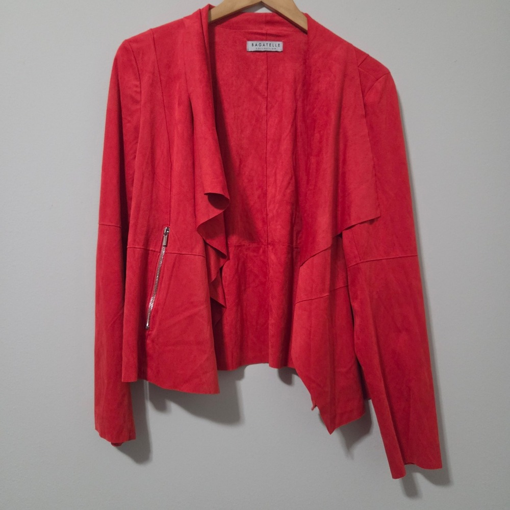 Bagatelle Red Faux Suede‎ Draped Open Front Waterfall Jacket Womens Size Large